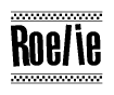 The image contains the text Roelie in a bold, stylized font, with a checkered flag pattern bordering the top and bottom of the text.
