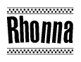 The image contains the text Rhonna in a bold, stylized font, with a checkered flag pattern bordering the top and bottom of the text.