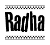 The image contains the text Radha in a bold, stylized font, with a checkered flag pattern bordering the top and bottom of the text.