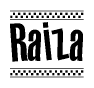 The image contains the text Raiza in a bold, stylized font, with a checkered flag pattern bordering the top and bottom of the text.