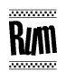 The image contains the text Rum in a bold, stylized font, with a checkered flag pattern bordering the top and bottom of the text.