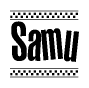 The image contains the text Samu in a bold, stylized font, with a checkered flag pattern bordering the top and bottom of the text.