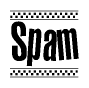 The image is a black and white clipart of the text Spam in a bold, italicized font. The text is bordered by a dotted line on the top and bottom, and there are checkered flags positioned at both ends of the text, usually associated with racing or finishing lines.