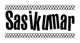 The image is a black and white clipart of the text Sasikumar in a bold, italicized font. The text is bordered by a dotted line on the top and bottom, and there are checkered flags positioned at both ends of the text, usually associated with racing or finishing lines.