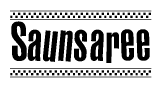 The image contains the text Saunsaree in a bold, stylized font, with a checkered flag pattern bordering the top and bottom of the text.