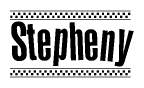 The image contains the text Stepheny in a bold, stylized font, with a checkered flag pattern bordering the top and bottom of the text.