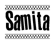 The image is a black and white clipart of the text Samita in a bold, italicized font. The text is bordered by a dotted line on the top and bottom, and there are checkered flags positioned at both ends of the text, usually associated with racing or finishing lines.