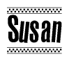 The image contains the text Susan in a bold, stylized font, with a checkered flag pattern bordering the top and bottom of the text.