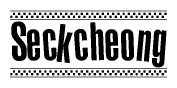 The image is a black and white clipart of the text Seckcheong in a bold, italicized font. The text is bordered by a dotted line on the top and bottom, and there are checkered flags positioned at both ends of the text, usually associated with racing or finishing lines.