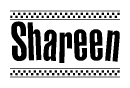 The clipart image displays the text Shareen in a bold, stylized font. It is enclosed in a rectangular border with a checkerboard pattern running below and above the text, similar to a finish line in racing. 