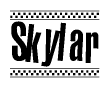 The clipart image displays the text Skylar in a bold, stylized font. It is enclosed in a rectangular border with a checkerboard pattern running below and above the text, similar to a finish line in racing. 