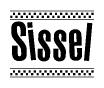 The image is a black and white clipart of the text Sissel in a bold, italicized font. The text is bordered by a dotted line on the top and bottom, and there are checkered flags positioned at both ends of the text, usually associated with racing or finishing lines.