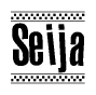 The image is a black and white clipart of the text Seija in a bold, italicized font. The text is bordered by a dotted line on the top and bottom, and there are checkered flags positioned at both ends of the text, usually associated with racing or finishing lines.