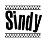 The clipart image displays the text Sindy in a bold, stylized font. It is enclosed in a rectangular border with a checkerboard pattern running below and above the text, similar to a finish line in racing. 