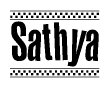 The image contains the text Sathya in a bold, stylized font, with a checkered flag pattern bordering the top and bottom of the text.