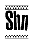 The image contains the text Shn in a bold, stylized font, with a checkered flag pattern bordering the top and bottom of the text.