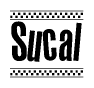 The clipart image displays the text Sucal in a bold, stylized font. It is enclosed in a rectangular border with a checkerboard pattern running below and above the text, similar to a finish line in racing. 