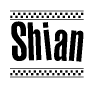 The image is a black and white clipart of the text Shian in a bold, italicized font. The text is bordered by a dotted line on the top and bottom, and there are checkered flags positioned at both ends of the text, usually associated with racing or finishing lines.