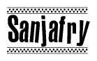 The image is a black and white clipart of the text Sanjafry in a bold, italicized font. The text is bordered by a dotted line on the top and bottom, and there are checkered flags positioned at both ends of the text, usually associated with racing or finishing lines.