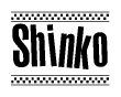 The image contains the text Shinko in a bold, stylized font, with a checkered flag pattern bordering the top and bottom of the text.
