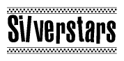 The image is a black and white clipart of the text Silverstars in a bold, italicized font. The text is bordered by a dotted line on the top and bottom, and there are checkered flags positioned at both ends of the text, usually associated with racing or finishing lines.