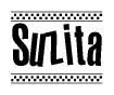 The clipart image displays the text Suzita in a bold, stylized font. It is enclosed in a rectangular border with a checkerboard pattern running below and above the text, similar to a finish line in racing. 