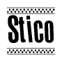 The image is a black and white clipart of the text Stico in a bold, italicized font. The text is bordered by a dotted line on the top and bottom, and there are checkered flags positioned at both ends of the text, usually associated with racing or finishing lines.