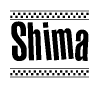 The clipart image displays the text Shima in a bold, stylized font. It is enclosed in a rectangular border with a checkerboard pattern running below and above the text, similar to a finish line in racing. 
