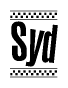 The image contains the text Syd in a bold, stylized font, with a checkered flag pattern bordering the top and bottom of the text.
