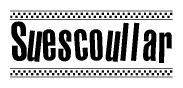 The clipart image displays the text Suescoullar in a bold, stylized font. It is enclosed in a rectangular border with a checkerboard pattern running below and above the text, similar to a finish line in racing. 