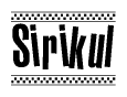 The image is a black and white clipart of the text Sirikul in a bold, italicized font. The text is bordered by a dotted line on the top and bottom, and there are checkered flags positioned at both ends of the text, usually associated with racing or finishing lines.