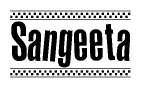 The clipart image displays the text Sangeeta in a bold, stylized font. It is enclosed in a rectangular border with a checkerboard pattern running below and above the text, similar to a finish line in racing. 