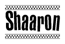 The image is a black and white clipart of the text Shaaron in a bold, italicized font. The text is bordered by a dotted line on the top and bottom, and there are checkered flags positioned at both ends of the text, usually associated with racing or finishing lines.