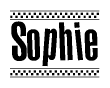 The image is a black and white clipart of the text Sophie in a bold, italicized font. The text is bordered by a dotted line on the top and bottom, and there are checkered flags positioned at both ends of the text, usually associated with racing or finishing lines.