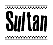 The image contains the text Sultan in a bold, stylized font, with a checkered flag pattern bordering the top and bottom of the text.