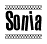 The image contains the text Sonia in a bold, stylized font, with a checkered flag pattern bordering the top and bottom of the text.