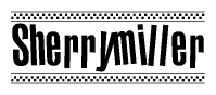 The clipart image displays the text Sherrymiller in a bold, stylized font. It is enclosed in a rectangular border with a checkerboard pattern running below and above the text, similar to a finish line in racing. 