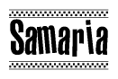 The image is a black and white clipart of the text Samaria in a bold, italicized font. The text is bordered by a dotted line on the top and bottom, and there are checkered flags positioned at both ends of the text, usually associated with racing or finishing lines.