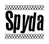 The image is a black and white clipart of the text Spyda in a bold, italicized font. The text is bordered by a dotted line on the top and bottom, and there are checkered flags positioned at both ends of the text, usually associated with racing or finishing lines.