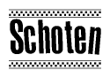 The clipart image displays the text Schoten in a bold, stylized font. It is enclosed in a rectangular border with a checkerboard pattern running below and above the text, similar to a finish line in racing. 