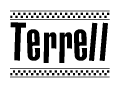The image contains the text Terrell in a bold, stylized font, with a checkered flag pattern bordering the top and bottom of the text.