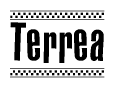 The image contains the text Terrea in a bold, stylized font, with a checkered flag pattern bordering the top and bottom of the text.