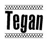 The clipart image displays the text Tegan in a bold, stylized font. It is enclosed in a rectangular border with a checkerboard pattern running below and above the text, similar to a finish line in racing. 
