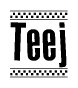 The image contains the text Teej in a bold, stylized font, with a checkered flag pattern bordering the top and bottom of the text.