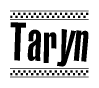 The clipart image displays the text Taryn in a bold, stylized font. It is enclosed in a rectangular border with a checkerboard pattern running below and above the text, similar to a finish line in racing. 