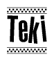The image contains the text Teki in a bold, stylized font, with a checkered flag pattern bordering the top and bottom of the text.