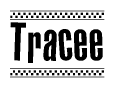 The image contains the text Tracee in a bold, stylized font, with a checkered flag pattern bordering the top and bottom of the text.