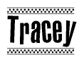 The clipart image displays the text Tracey in a bold, stylized font. It is enclosed in a rectangular border with a checkerboard pattern running below and above the text, similar to a finish line in racing. 