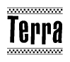 The clipart image displays the text Terra in a bold, stylized font. It is enclosed in a rectangular border with a checkerboard pattern running below and above the text, similar to a finish line in racing. 