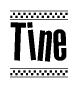 The image is a black and white clipart of the text Tine in a bold, italicized font. The text is bordered by a dotted line on the top and bottom, and there are checkered flags positioned at both ends of the text, usually associated with racing or finishing lines.